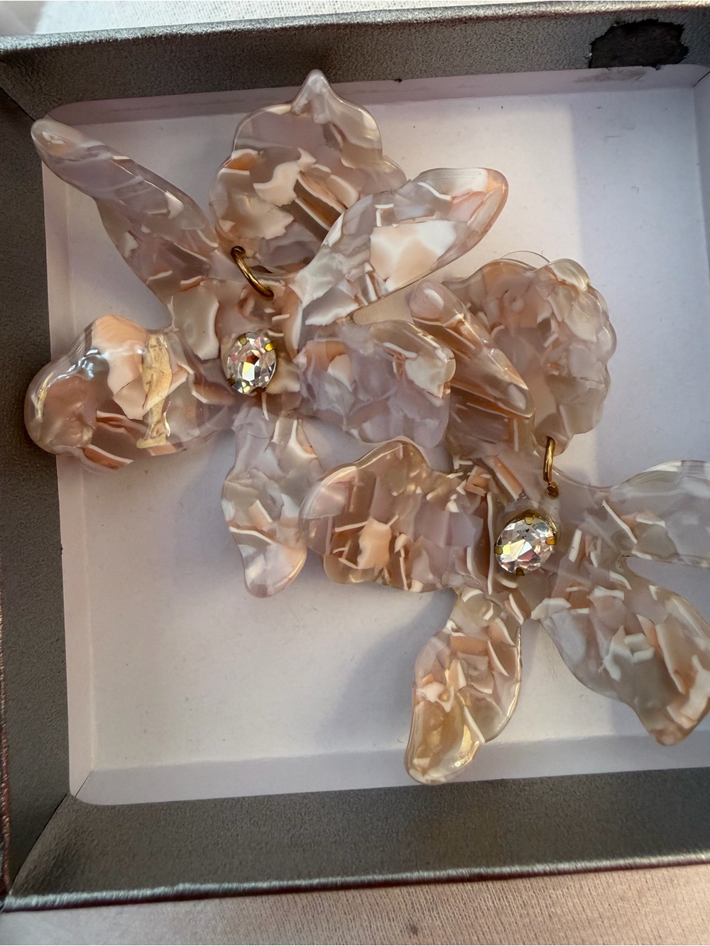 Pearl Beige Floral Resin Hair Clips with Crystal Accent
